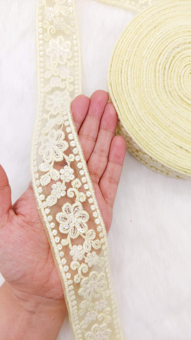 9 Yards Soft Net Lace Trim Floral Embroidery and Sequins, Floral Sari Border, Decorative Trim